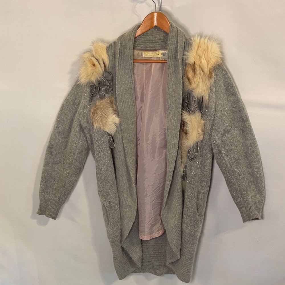 Vtg IMAGO Lambswool Angora Knit Fur Embellished Beaded Lace Sweater Cardigan 80s